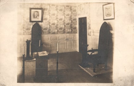 RPPC Real Photo Postcard showing interior of Masonic Lodge Room with Gothic chairs & altar, c. 1910s