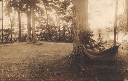 RPPC Real Photo Postcard by photographer Beach showing a hammock by a tree in Frankfort, NY c.