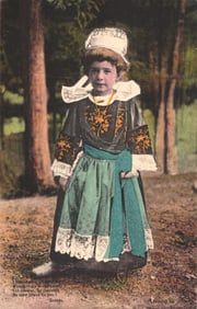 Postcard showing a young girl in traditional folk costume from Montivilliers, Normandy, France
