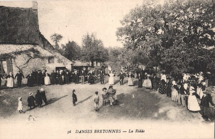 Early 1900s postcard of Breton villagers in traditional costume performing the folk dance "La