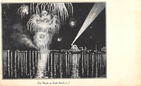 Postcard showing fireworks and searchlight display over the water at North Beach, Long Island, c.