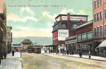 Postcard showing the Foot of Main St., Yonkers, NY with Post Office and trolleys, circa 1910.