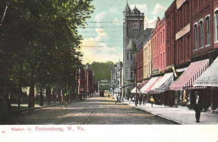 Postcard showing Market Street in Parkersburg, West Virginia with clock tower and trolley c. 1907