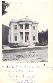 Postcard featuring a street-level view of the B.P.O.E. Elks' Building in Peekskill, New York.