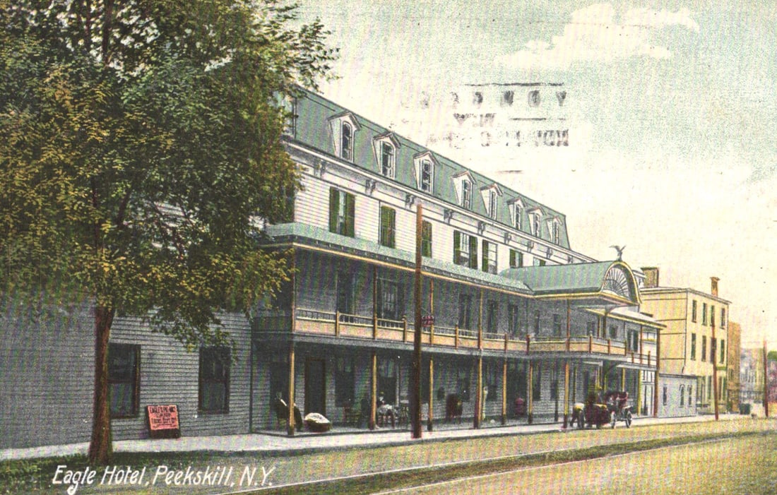 Postcard showing the Eagle Hotel in Peekskill, New York. Early street view with horse and carriage.: Please view photos for further description and condition considerations. Please know the scans may be darker or lighter than the actual item's true appearance. ACME Auctions offers FREE DOMESTIC SHIPP