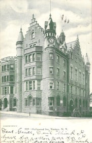 Postcard with a street level view of the grand Hollywood Inn building in Yonkers, New York c. 1907.