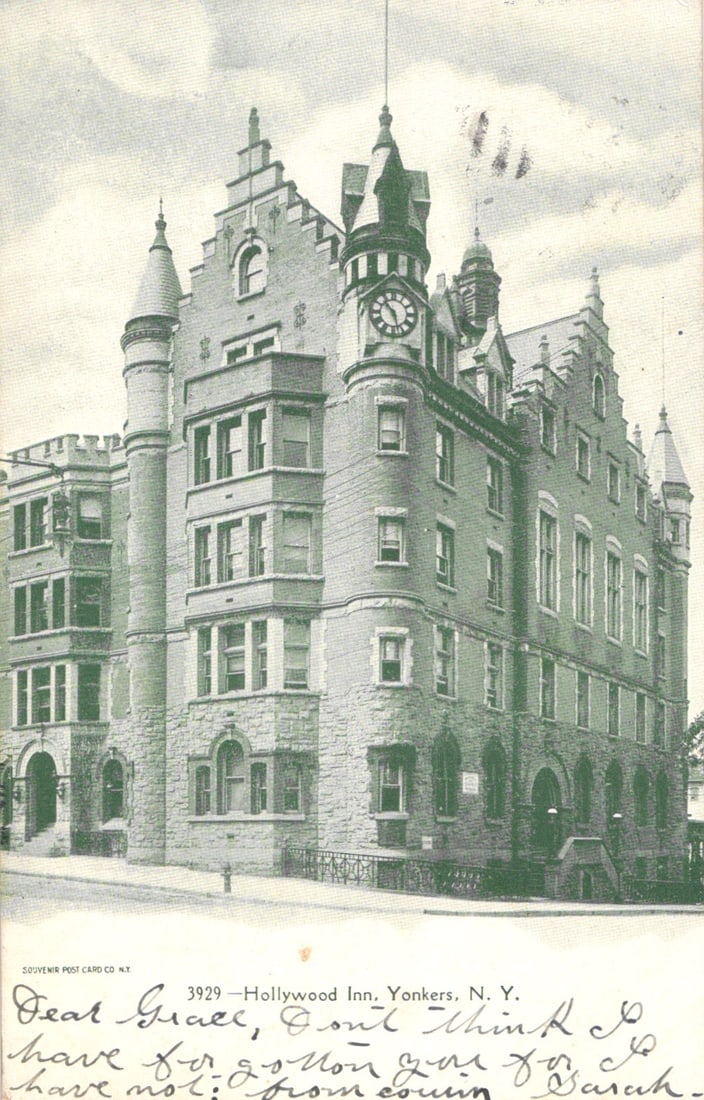 Postcard with a street level view of the grand Hollywood Inn building in Yonkers, New York c. 1907.: Please view photos for further description and condition considerations. Please know the scans may be darker or lighter than the actual item's true appearance. ACME Auctions offers FREE DOMESTIC SHIPP