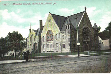 Postcard showing the Methodist Church with stained glass windows in Marshalltown, Iowa circa 1910s.