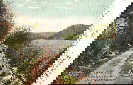 Postcard showing the path at the foot of Dunderburg Mountain looking up the Hudson River, Peekskill,