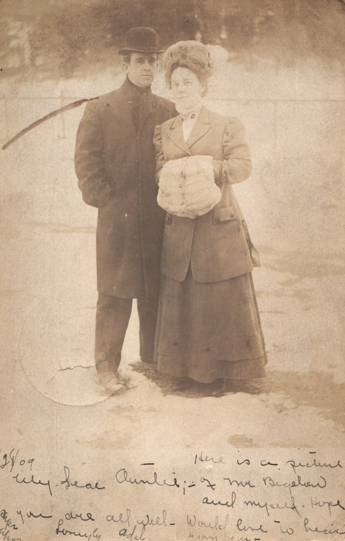 RPPC Real Photo Postcard of a stylish Edwardian couple, Mr. Bigelow and a woman in fur, MA 1909.: Please view photos for further description and condition considerations. Please know the scans may be darker or lighter than the actual item's true appearance. ACME Auctions offers FREE DOMESTIC SHIPP