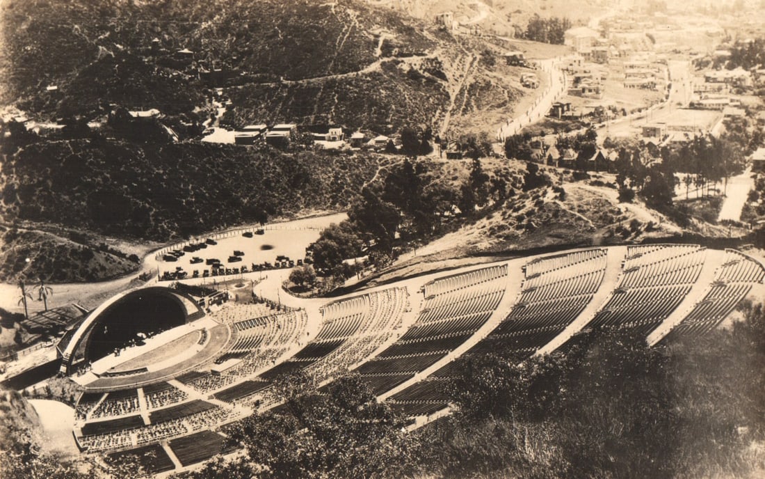 RPPC Real Photo Postcard showing a high-angle view of the Hollywood Bowl amphitheater c. 1920s: Please view photos for further description and condition considerations. Please know the scans may be darker or lighter than the actual item's true appearance. ACME Auctions offers FREE DOMESTIC SHIPP