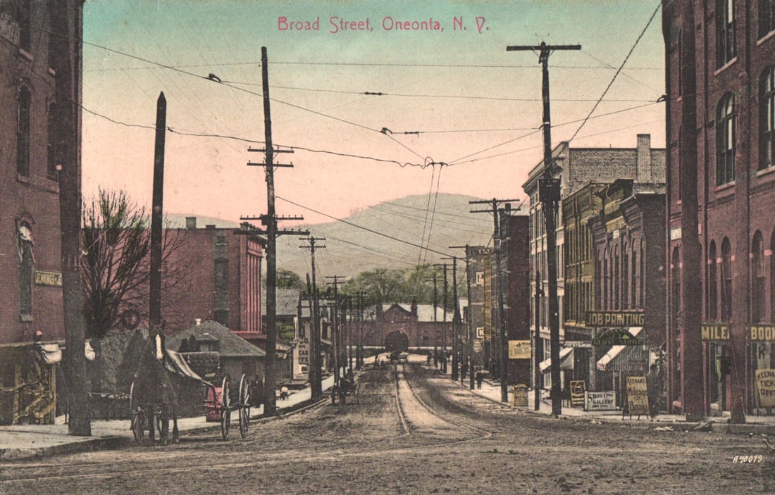 Postcard showing Broad Street in Oneonta, New York with horse & carriage, trolley tracks c. 1907.: Please view photos for further description and condition considerations. Please know the scans may be darker or lighter than the actual item's true appearance. ACME Auctions offers FREE DOMESTIC SHIPP