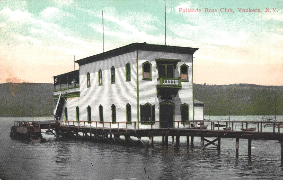 Postcard view of the Palisade Boat Club building on a pier over the river, Yonkers, New York c. 1910: Please view photos for further description and condition considerations. Please know the scans may be darker or lighter than the actual item's true appearance. ACME Auctions offers FREE DOMESTIC SHIPP