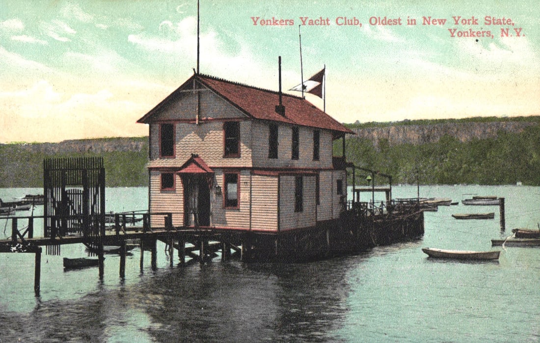 Postcard showing the Yonkers Yacht Club, Oldest in New York State, on the Hudson River, c. 1910s: Please view photos for further description and condition considerations. Please know the scans may be darker or lighter than the actual item's true appearance. ACME Auctions offers FREE DOMESTIC SHIPP