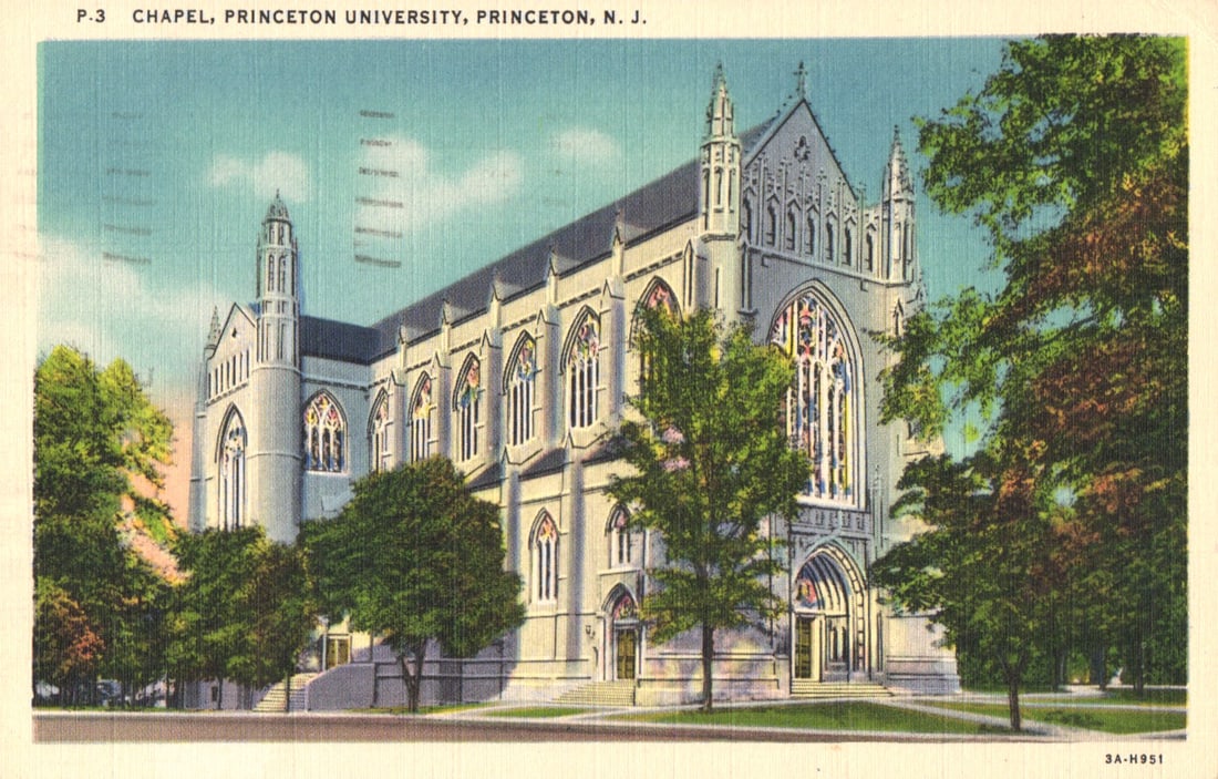 Linen Postcard showing the Gothic Revival Chapel at Princeton University, Princeton, New Jersey, (1 of 2)