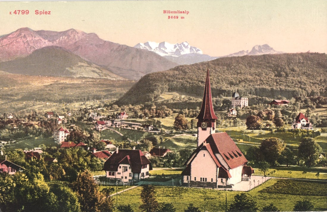 Postcard panorama of Spiez, Switzerland, featuring the village church and Blüemlisalp mountain: Please view photos for further description and condition considerations. Please know the scans may be darker or lighter than the actual item's true appearance. ACME Auctions offers FREE DOMESTIC SHIPP
