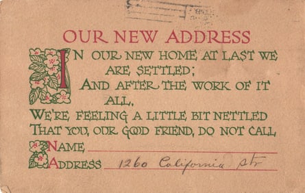 1912 Postcard 'Our New Address' from San Francisco, California, Panama-Pacific Expo 1915 Cancel