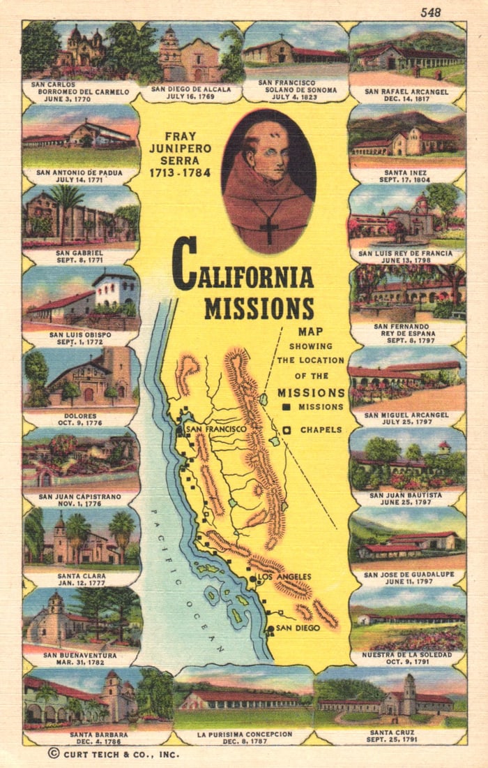 Postcard showing a map and all 21 Spanish Missions of California with a portrait of Fray Junipero: You are bidding on an original postcard and not a reprint. Please view photos for further description and condition considerations. Please know the scans may be darker or lighter than the actual item'