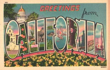 Greetings from California large letter linen postcard showing iconic state scenes, circa 1940s.