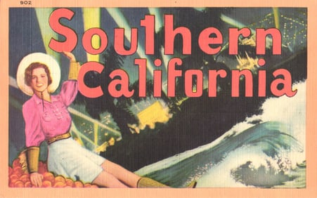 1952 Postcard Large Letter Greetings from Southern California, with Cowgirl, Oranges & Ocean Wave