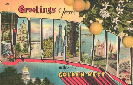 Linen postcard showing Greetings from California in the Golden West, large letter style, circa 1940s