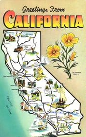 Greetings From California postcard with map of landmarks. A Colourpicture 'Plastichrome' c. 1950s.