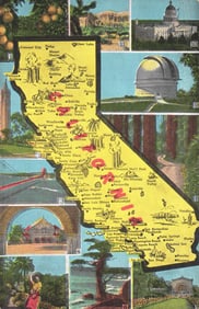 California postcard featuring an illustrated map with vignettes of the Golden Gate & Palomar. c.