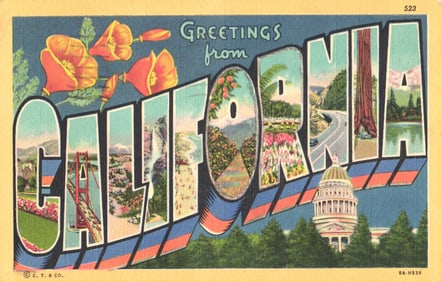 Linen postcard Greetings from California, large letter view with Golden Gate Bridge, poppies c.