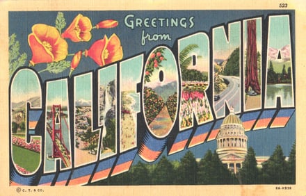 Linen Postcard Greetings from California, Large Letter with Golden Gate Bridge, Poppies c. 1941
