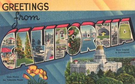 Greetings from California Large Letter Linen Postcard, State Capitol, Poppy, circa 1940s Tichnor