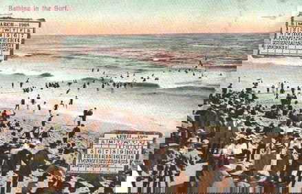 Color postcard of a crowded beach scene in Los Angeles, California, with 1908 calendars on front.