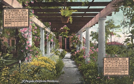 Postcard showing a beautiful flower-covered pergola at a California residence, with 1908 calendars.