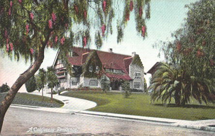 Postcard showing a large Tudor-style home with manicured lawn, Los Angeles, California c. 1910s.