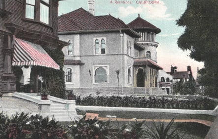 Postcard showing a large, grand residential home with turret architecture in California, circa