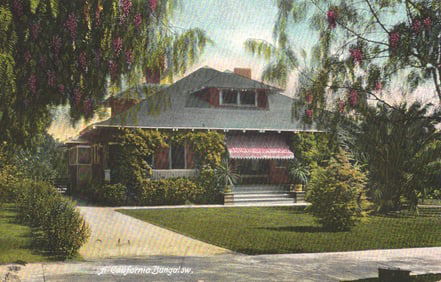 Postcard view of a classic Craftsman "California Bungalow" home in Los Angeles, California c. 1910s.