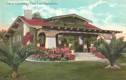 Postcard showing one of California's Cozy Little Bungalows, a Craftsman home in Los Angeles c. 1910s