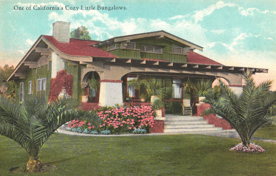 Postcard showing one of California's Cozy Little Bungalows, a Craftsman home in Los Angeles c. 1910s (1 of 2)