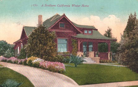 Postcard showing a beautiful Southern California Winter Home with lush gardens in Los Angeles, c.