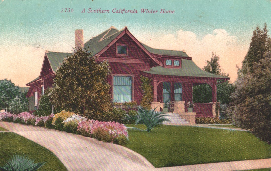 Postcard showing a beautiful Southern California Winter Home with lush gardens in Los Angeles, c.: You are bidding on an original postcard and not a reprint. Please view photos for further description and condition considerations. Please know the scans may be darker or lighter than the actual item'