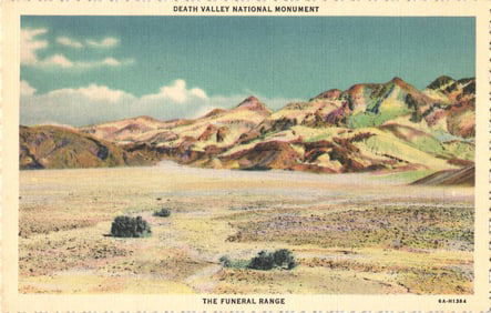 Linen postcard of the highly colored Funeral Range in Death Valley National Monument, California,