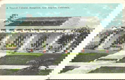 Postcard showing A Typical Colonial Bungalow home with pergola and stone chimney, Los Angeles,