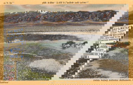 Postcard showing Bad Water, the lowest point in the Western Hemisphere, Death Valley, California.