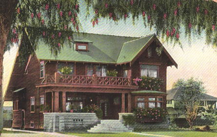 Postcard showing a beautiful Craftsman style home on West Adam's Street, Los Angeles, California in