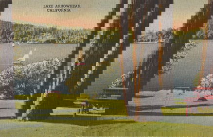 Postcard showing a tranquil view of sailboats on Lake Arrowhead, California, seen from the shore.