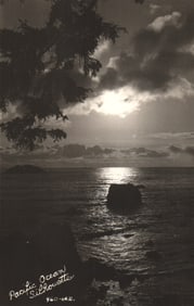 RPPC Pacific Ocean Silhouette, moonrise over the water from Crescent City, California postcard