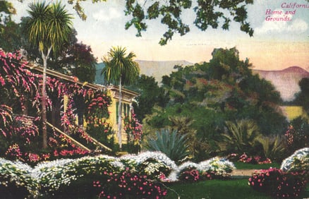 Postcard showing a beautiful California Home and Grounds with lush gardens and palm trees, 1920s.