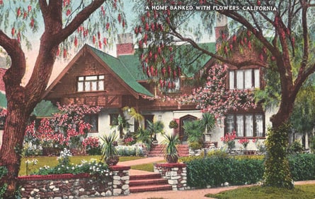 Hechts Quality Cards postcard of a lovely Craftsman style home banked with flowers in California.