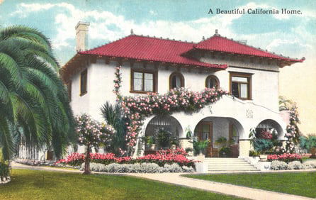 Postcard showing a beautiful Mission Revival style home in California with red roof and gardens