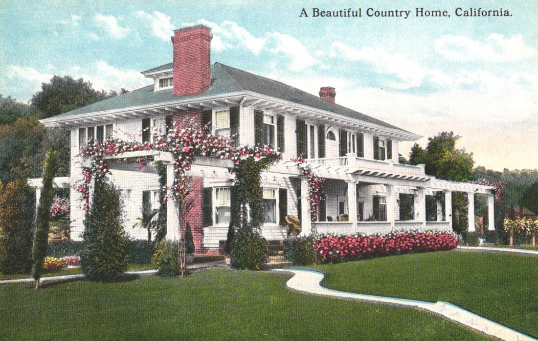 Hechts Quality Cards postcard showing a beautiful two-story country home in California, circa 1910s: You are bidding on an original postcard and not a reprint. Please view photos for further description and condition considerations. Please know the scans may be darker or lighter than the actual item'