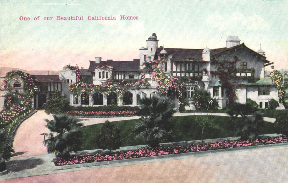 Edward H. Mitchell postcard of a beautiful California home, a mansion with gardens, circa 1905. (1 of 2)